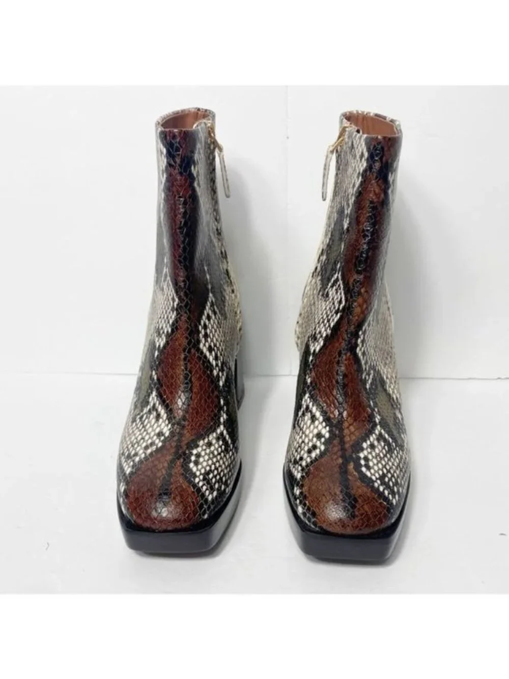 Tory Burch Ruby Python-Embossed Ankle Boots Size 8 Aspen Block Heel Chain Accent